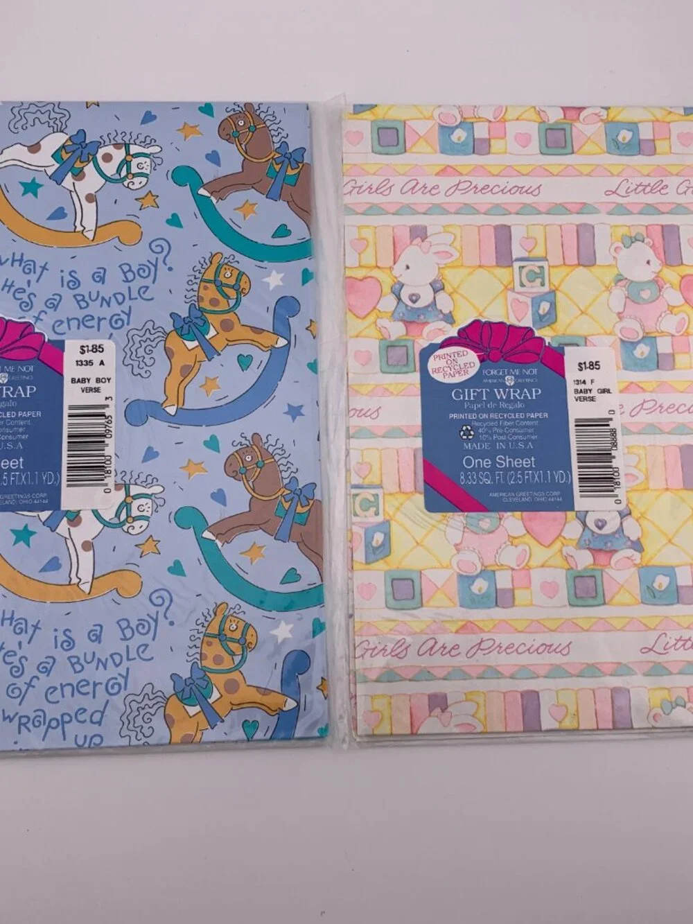 Vintage Baby Gift Wrap Paper Lot Boy Girl Nursery Print American Greetings X 2